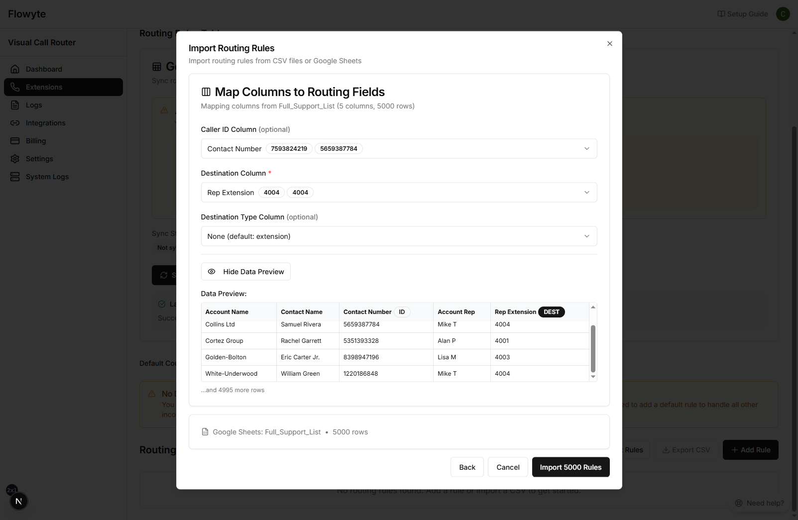 Google Sheets Integration Column Mapping Interface